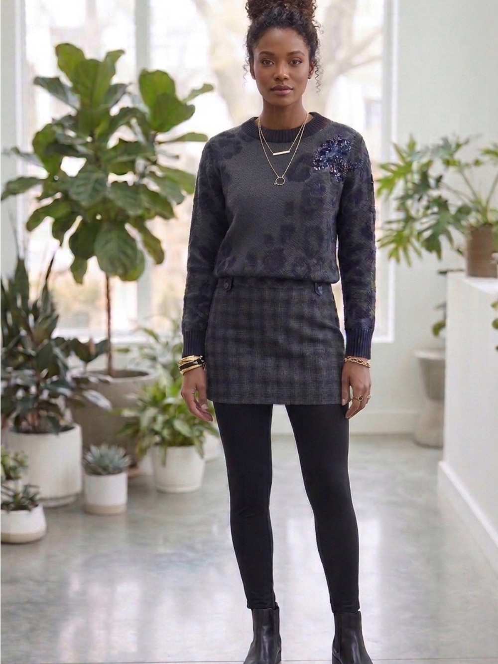 Dkny Charcoal Plaid Mini Skirt with Dark Gray Sweater